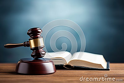 symbolic representation of law and justice, featuring a gavel and a law book set against a studio background. Stock Photo