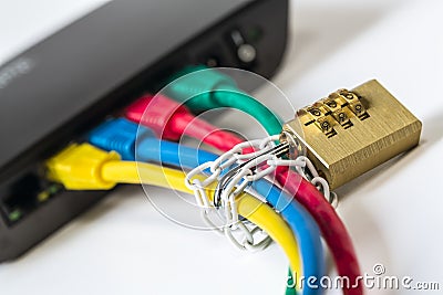 symbolic secure network by chain with pulley Stock Photo