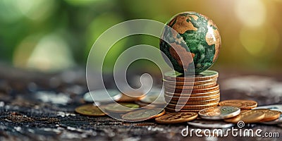 Symbolic Silver Coin Stack Represents Sustainable Finance And Investment, With An Ecoconscious Globe On Top Stock Photo
