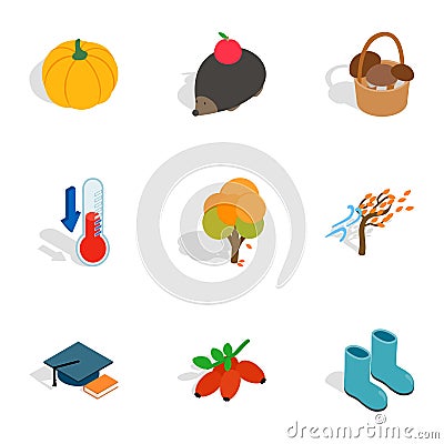 Symbols of autumn icons, isometric 3d style Vector Illustration