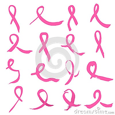 Symbols of breast cancer awareness. Collection of sixteen hand drawn pink ribbon signs Vector Illustration