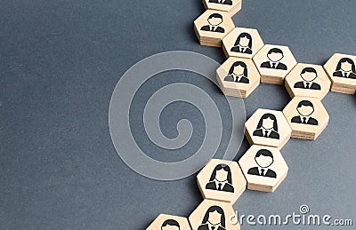 Symbols of employees on the chains of hexagons. The concept of business connections. Team building, business organization Stock Photo