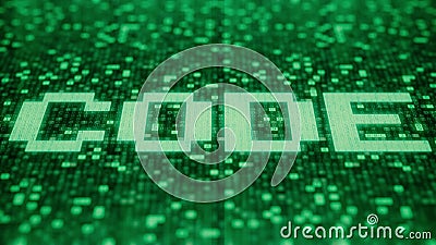 CODE word being made with flashing hexadecimal symbols on a green computer screen. 3D rendering Stock Photo