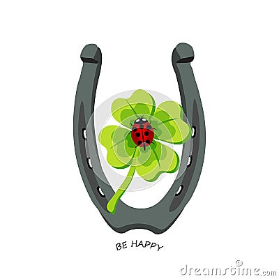 Symbols for good luck, horseshoe, clover, ladybug. Be Happy Vector Illustration
