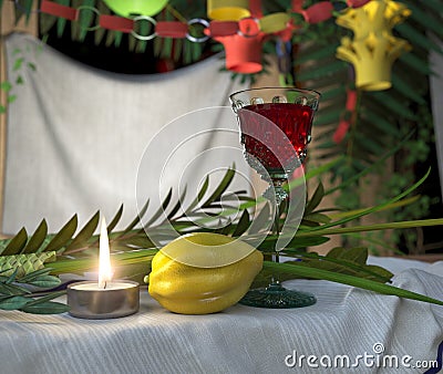 Symbols of the Jewish holiday Sukkot with candle and wine glass Stock Photo