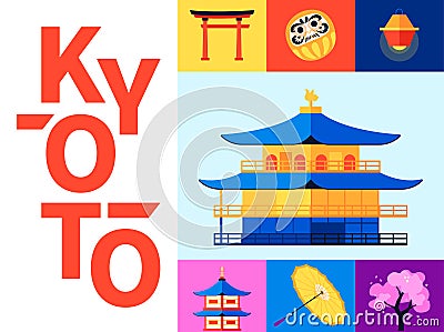 Symbols of Kyoto - set of flat design style colorful illustrations Vector Illustration