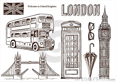 Vector hand drawn illustration with London symbols Vector Illustration