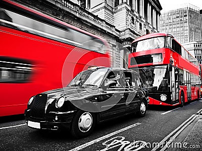 Symbols of London, the UK. Red buses, black taxi cab. Black and white Stock Photo