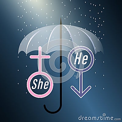 She and he. Symbols of a man and a woman covered with an umbrella in the rain on a dark background. Vector Illustration