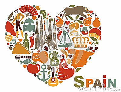 The symbols of Spain in heart shape Vector Illustration