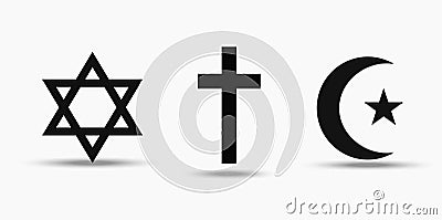 Symbols of the three world religions - Judaism, Christianity and Islam. Vector Illustration