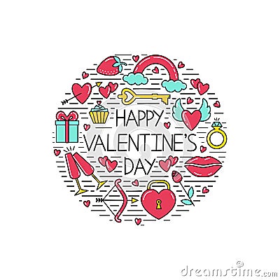 Symbols of Valentine`s Day in the form of a circle. Vector Illustration