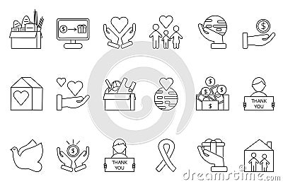 Symbols of volunteers and charities organisations. Monolines icons set Vector Illustration