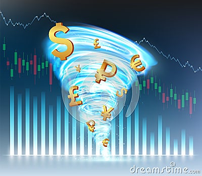 Symbols of world currencies rotate in a tornado Vector Illustration