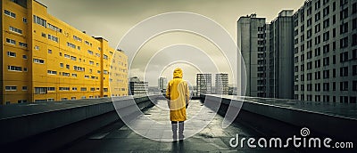 Symetrical Brutal architecture urban poster, man in yellow raincoat Stock Photo