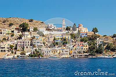 Symi also known as Syme or Simi is a Greek island one of the Dodecanese islands. Beautiful Symi Yialos town. Stock Photo