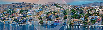 Symi island from Greece, with colorful neoclassical mansions Stock Photo