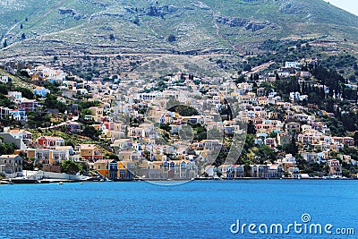 Symi - View over the city famous for colorful houses Stock Photo