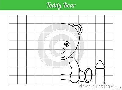 Symmetric coloring book. Repeat on the grid. Teddy bear. Page for children of preschool age. Vector illustration of toys. Vector Illustration