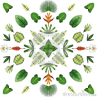 Symmetric geometric tropical flowers and leaves white background Vector Illustration