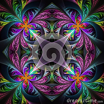 Symmetric multicolored fractal tracery. Collection - frosty pattern. On black. Stock Photo