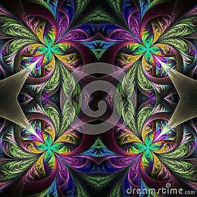 Symmetric multicolored fractal tracery. Collection - frosty pattern. On black. Stock Photo