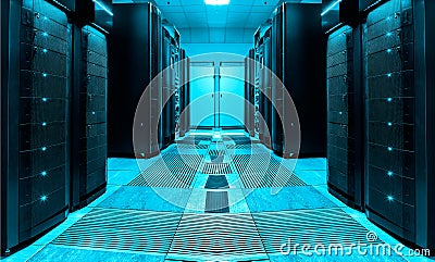 Symmetric server room with rows of mainframes in modern data center, futuristic design Stock Photo