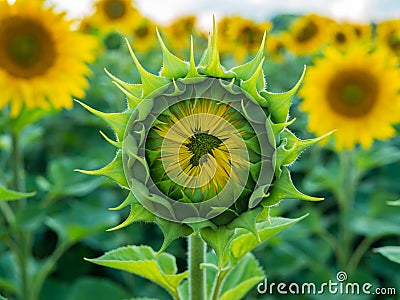 Symmetric sunflower bud starting to bloom, close up Stock Photo