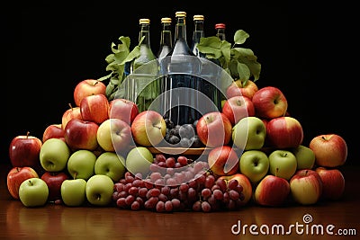 a symmetrical arrangement of cider bottles and apples Stock Photo