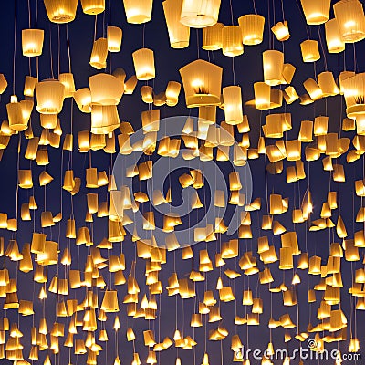 A symmetrical arrangement of floating lanterns, casting a warm and inviting glow in the night sky2, Generative AI Stock Photo