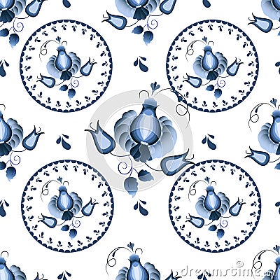 Symmetrical blue floral ornament in Gzhel style on a white background. Russian folklore, vector seamless pattern. Vector Illustration