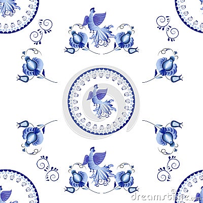 Symmetrical blue floral ornament in Gzhel style on a white background. Russian folklore, vector seamless pattern. Vector Illustration