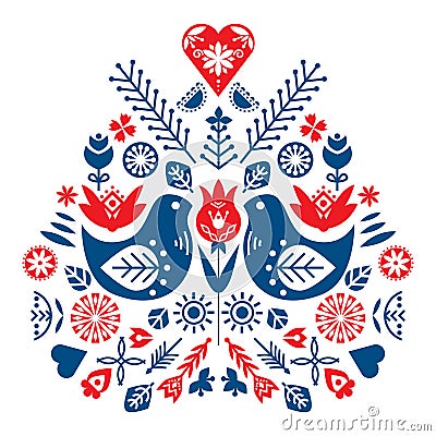 Symmetrical composition of ethnic elements. The Nordic spring set for design. Flowers, birds and leaves Vector Illustration