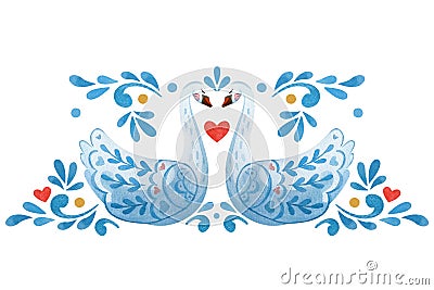 Symmetrical composition with swans, flowers and hearts on the theme of valentines day. Cartoon Illustration