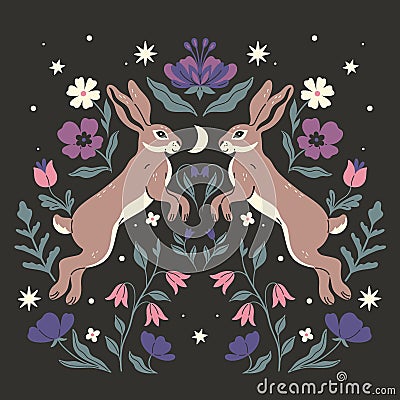 Symmetrical composition of two hares and flowers on a dark background. Vector graphics Vector Illustration