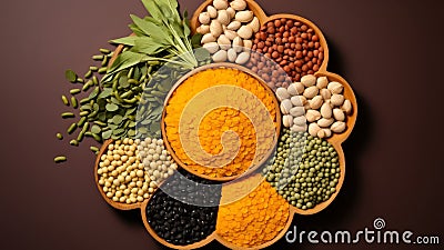 Symmetrical display of assorted Indian lentils and pulses Stock Photo