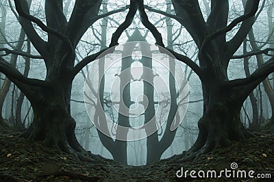 A symmetrical edit of a spooky forest. With trees silhouetted on a moody foggy winters day Stock Photo