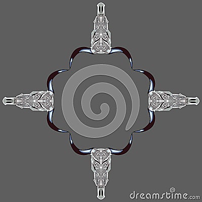 Symmetrical Ethnic Ornament of Cowl Skulls. Vector Illustration