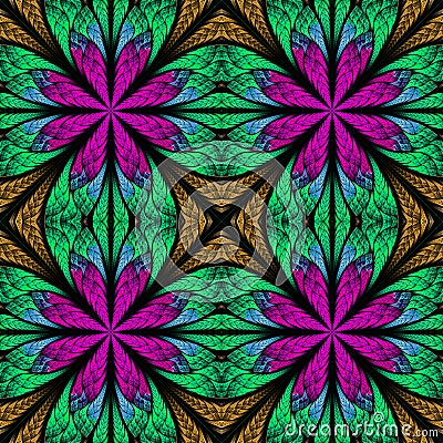 Symmetrical fractal pattern in stained-glass window style. Purple, brown and green palette. On black. Stock Photo