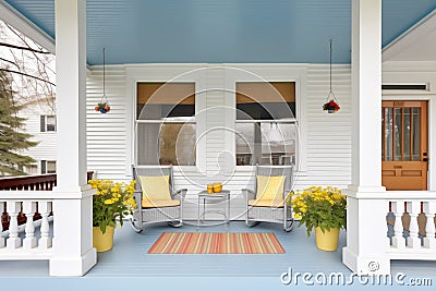 symmetrical front porch of a twostory colonial revival residence Stock Photo