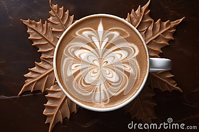 symmetrical leaf pattern in cappuccino foam Stock Photo