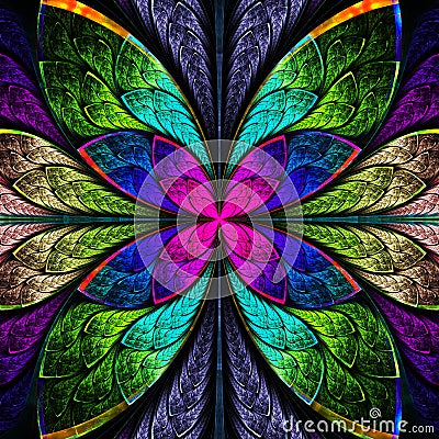 Symmetrical multicolor fractal flower in stained glass style. Co Stock Photo