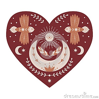 Symmetrical Mystical Heart with birds, crescent moon, twigs, sun, feathers. Decorative element for Valentine's day Vector Illustration