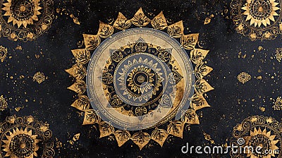Symmetrical Pattern with Repeated Circular Shapes, Teardrop Figures, and Starburst Motifs Stock Photo