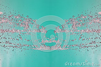 Symmetrical pattern of stopped water droplets with transparent streams on a green background. Clash, opposition and mystical Stock Photo