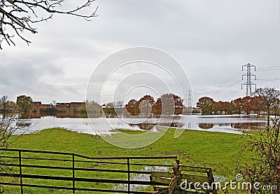 Symmetrical reflections in Fish Lake Farmland flooding; Doncaster, November, 2019; Stock Photo