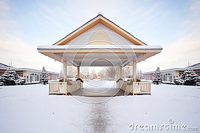 symmetrical shot of gazebo entrance with snow drifts Stock Photo