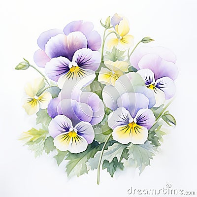 Symmetrical Watercolor Pansy Painting With White Candy Flowers Stock Photo
