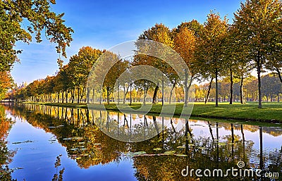 Symmetry reflection on the autumn river Stock Photo