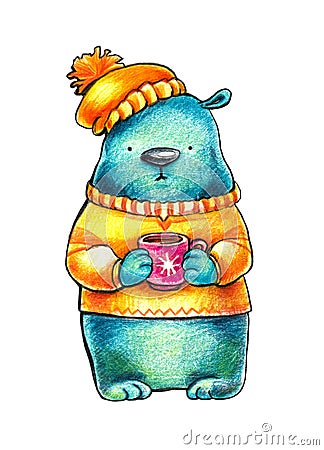 Sympathetic blue bear in an orange sweatshirt and a winter hat holds coffee in a red mug. Ilustration on a white background. Stock Photo